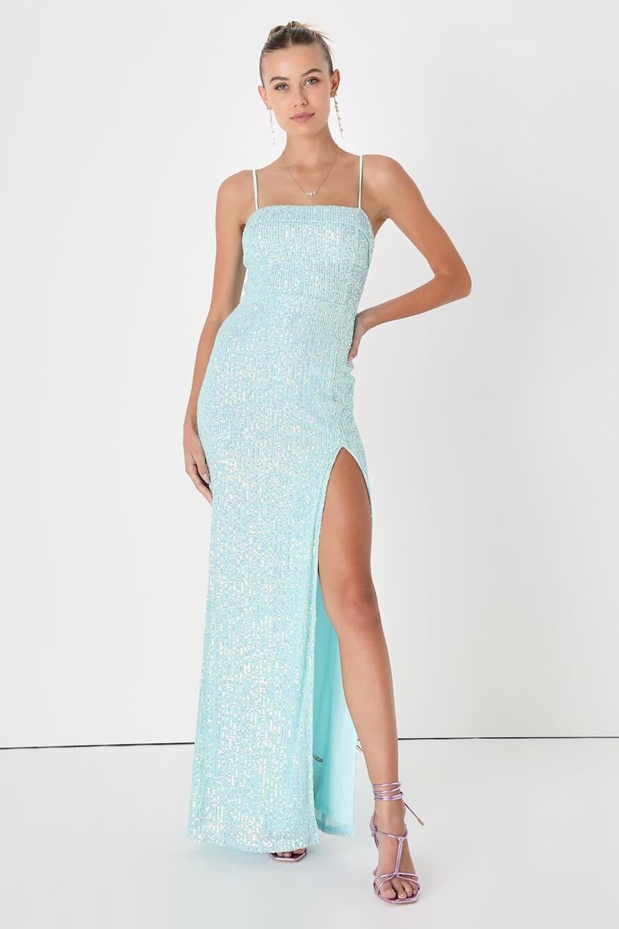 NWT Lulus Remarkable Radiance Light Blue Iridescent Sequin Maxi Dress Size Med